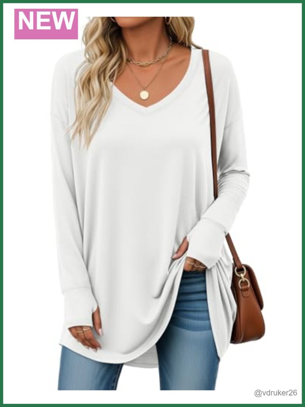 Oversized Long Sleeve V-Neck Cotton Blend Top Thumbhole Tee